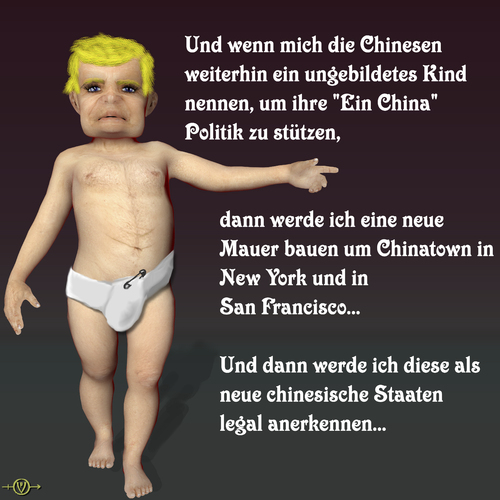 Cartoon: China Trump (medium) by PuzzleVisions tagged puzzlevisions,trump,china,ignorant,child,diplomatic,chinatown,new,york,san,francisco,mauer,wall