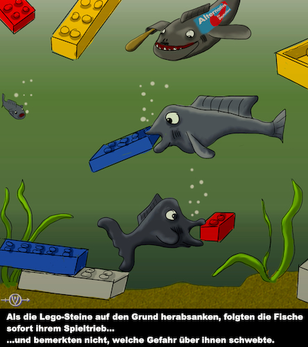 Cartoon: Langeoog 2 (medium) by PuzzleVisions tagged puzzlevisions,container,über,bord,langeoog,fische,afd,legosteine,lego