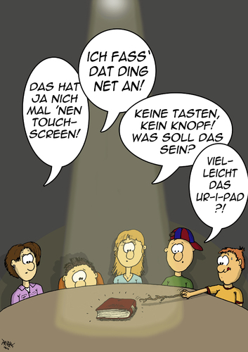 Cartoon: Das unbekannte Ding (medium) by pierre-cda tagged bücher,jugend,ebook,ipad,buch