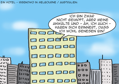 Cartoon: genesen oder nicht gewesen (medium) by pierre-cda tagged australien,einreisebestimmungen,quarantäne,coronaregeln,impfstatus,djokovic,tennis,austarlienopen,tennisturnier,einreisevisum,2gregel,genesen,abschiebehotel,sport