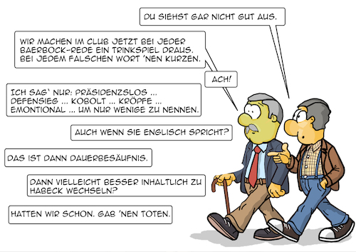 Cartoon: Trinkspiele (medium) by pierre-cda tagged kobolt,präsidentsfall,emontional,baconofhope,baerbock,habeck,englischkenntnisse,sprachkenntnisse,aussenministerin,trinkspiele,versprecher,öttisenglish,grüne,minister,dunningkrugereffekt