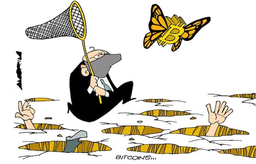 Cartoon: Butterfly Hunting (medium) by Amorim tagged bitcoin,cryptocurrency,fraud