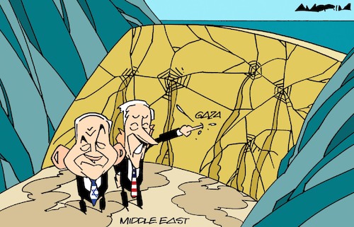 Cartoon: Cracks in the dam (medium) by Amorim tagged middle,east,biden,netanyahu,middle,east,biden,netanyahu