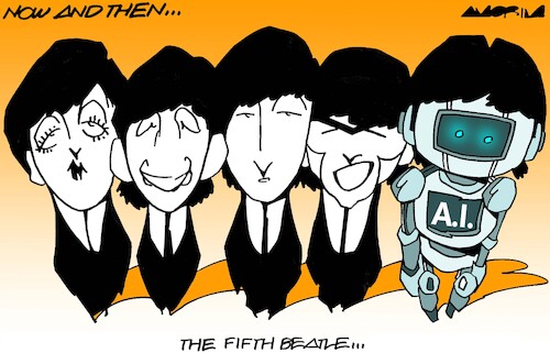 Cartoon: The fifth Beatle... (medium) by Amorim tagged artificial,inteligence,the,beatles,john,lennon,artificial,inteligence,the,beatles,john,lennon