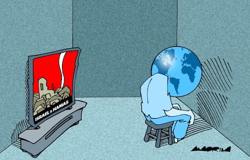Cartoon: Watching the news (medium) by Amorim tagged israel,gaza,palestine,israel,gaza,palestine