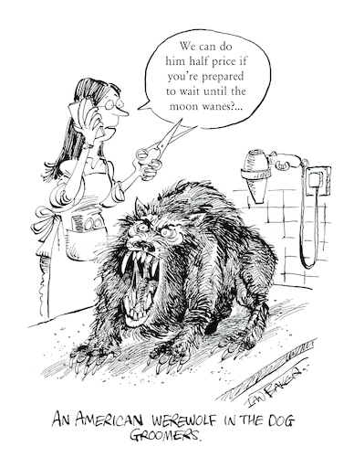 Cartoon: American Werewolf at groomers (medium) by Ian Baker tagged american,werewolf,in,london,dog,groomer,spoof,comedy,parody,ian,baker,cartoon,caricature,illustration,monster,horror,film,movie,80s,hair,mythical