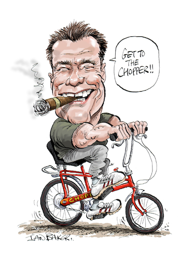 Cartoon: Arnold Schwarzenegger getting to (medium) by Ian Baker tagged arnold,schwarzenegger,raleigh,chopper,action,hero,muscle,mr,olympia,governor,movies,films,bicycle,70s,ian,baker,cartoon,caricature,spoof,parody,satire,illustration,austria,speed