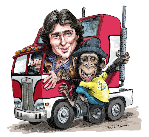 Cartoon: BJ and The Bear (medium) by Ian Baker tagged bj,and,the,bear,chimpanzee,ape,trucker,trucking,cb,radio,tv,show,greg,evigan,ian,baker,cartoon,caricature,spoof,parody,satire,illustration,kenworth,usa