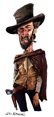 Cartoon: Clint Eastwood (medium) by Ian Baker tagged clint,eastwood,caricature,cowboy,western,spaghetti,wild,west,sixties,italy,gun,hat,poncho,no,name,films