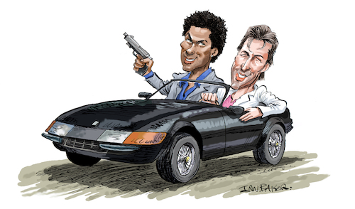 Cartoon: Crockett and Tubbs (medium) by Ian Baker tagged crockett,tubbs,miami,vice,don,johnson,phillip,michael,thomas,cops,tv,ferrari,action,80s,eighties,fashion,ian,baker,cartoon,caricature,famous,daytona,gun