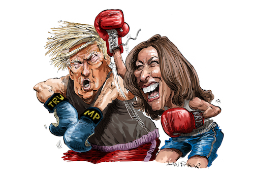 Cartoon: Donald Trump vs Kamala Harris (medium) by Ian Baker tagged kamala,harris,democrat,party,vice,president,candidate,trump,donald,american,ian,baker,cartoon,caricature,parody,spoof,satire,comedy,humour,usa,boxing,match,fight,battle