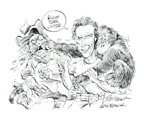 Cartoon: Every Which Way But Loose (medium) by Ian Baker tagged clint,eastwood,every,which,way,but,loose,philo,beddoe,fight,clyde,orangutan,monkey,ape,bare,knuckle,70s,movie,action,hollywood,ian,baker,cartoon,caricature,spoof,parody,satire,illustration,country,music,wild,west,usa