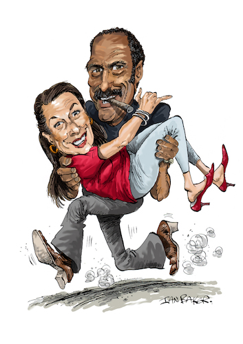 Cartoon: Fred and Linda Williamson (medium) by Ian Baker tagged fred,williamson,linda,husband,wife,actor,movies,films,1970s,martial,arts,blaxploitation,ian,baker,cartoon,caricature,drawing,parody,spoof,comedy,cigar,the,hammer,running,action