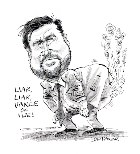 Cartoon: JD Vance (medium) by Ian Baker tagged jd,vance,usa,politician,lies,pants,fire,republican,trump,vice,president,senator,ian,baker,cartoon,caricature,politics,spoof,parody,american,elections,truth,liar