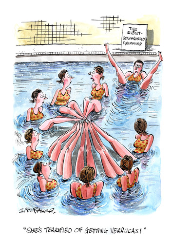 Cartoon: Synchronised Swimmers (medium) by Ian Baker tagged pool,olympics,swimming,swimmers,girls,synchronised,event,formation,dance,verruca,illness,water,legs,feet