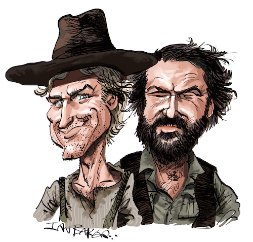 Cartoon: Terence Hill and Bud Spencer (medium) by Ian Baker tagged terence,hill,bud,spencer,cowboy,western,film,movie,stars,actors,ian,baker,caricature,cartoon,celebrity,famous,spaghetti,old
