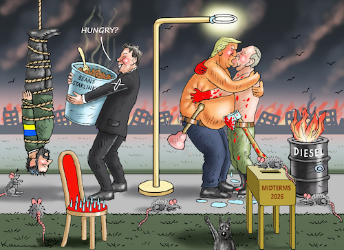 Cartoon: BURNING LOVE (medium) by marian kamensky tagged kriegstreiber,ukraine,kaltgestellt,diesel,trump,putin,kriegstreiber,ukraine,kaltgestellt,diesel,trump,putin