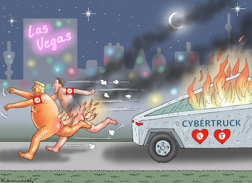 Cartoon: BURNING LOVE IN LAS VEGAS (medium) by marian kamensky tagged musk,trump,zuckerberg,bezos,felon,and,elon,in,panama,cybertruck,musk,trump,zuckerberg,bezos,felon,and,elon,in,panama,cybertruck