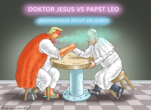 Cartoon: DOKTOR JESUS VS PAPST LEO (medium) by marian kamensky tagged doktor,jesus,vs,papst,leo,doktor,jesus,vs,papst,leo