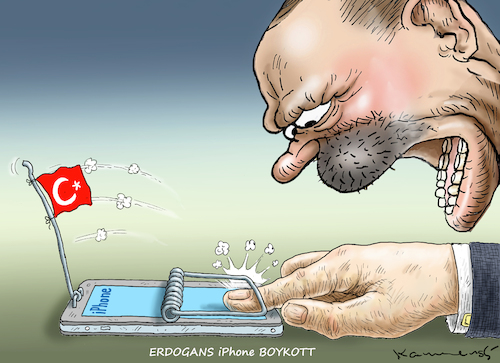 Cartoon: ERDOGANS iPhone BOYKOTT (medium) by marian kamensky tagged trump,versus,erdogan,lira,türkei,sanktionen,erdogans,iphone,boykott,trump,versus,erdogan,lira,türkei,sanktionen,erdogans,iphone,boykott
