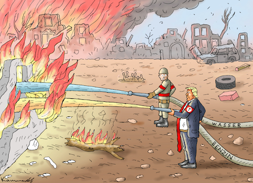 Cartoon: FEUERWEHRMANN TRUMP (medium) by marian kamensky tagged apolakyptische,reiter,hollywood,los,angeles,brände,feuerwehrmann,trump,apolakyptische,reiter,hollywood,los,angeles,brände,feuerwehrmann,trump