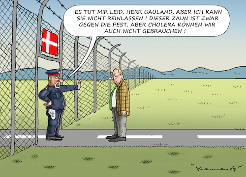 Cartoon: GAULAND WILL NACH DÄNEMARK (medium) by marian kamensky tagged schweinegrenze,zu,deutschland,dänemark,schweinepest,eu,schweinegrenze,zu,deutschland,dänemark,schweinepest,eu