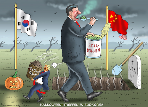 HALLOWEEN-TREFFEN IN SÜDKOREA (medium) Cartoon: HALLOWEEN-TREFFEN IN SÜDKOREA (medium) by marian kamensky tagged halloween,treffen,in,südkorea,trump,xi,jinping,seltene,erden,sojabohnen,halloween,treffen,in,südkorea,trump,xi,jinping,seltene,erden,sojabohnen