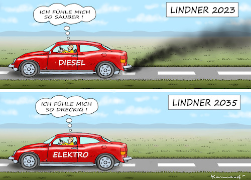 Cartoon: LINDNERS DILEMMA (medium) by marian kamensky tagged elektroauto,lindners,dilemma,elektroauto,lindners,dilemma