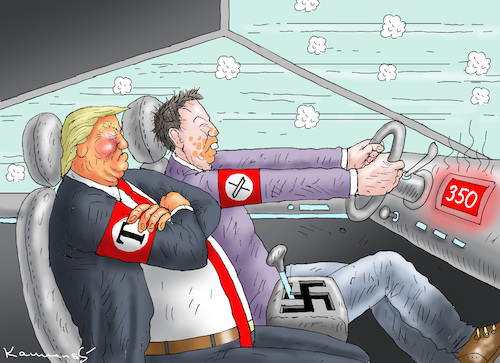 Cartoon: NAZICYBERTRUCK (medium) by marian kamensky tagged musk,trump,zuckerberg,bezos,felon,and,elon,in,panama,zölle,afd,musk,trump,zuckerberg,bezos,felon,and,elon,in,panama,zölle,afd