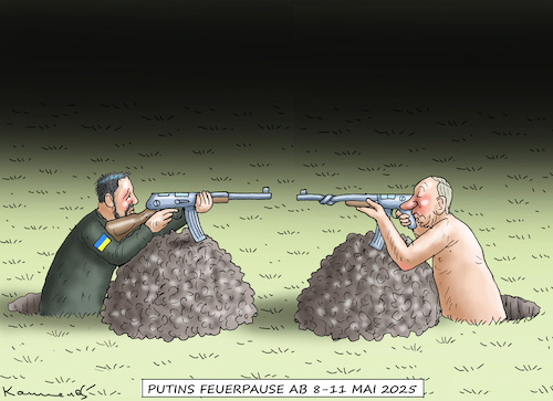 Cartoon: PUTINS FEUERPAUSE AB 8-11 MAI (medium) by marian kamensky tagged musk,trump,zuckerberg,bezos,felon,and,elon,in,panama,zölle,diktator,selenskyj,putin,ukraine,usa,china,handelskrieg,musk,trump,zuckerberg,bezos,felon,and,elon,in,panama,zölle,diktator,selenskyj,putin,ukraine,usa,china,handelskrieg