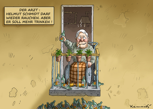 Cartoon: Schmidt auf dem Mentholbalkon (medium) by marian kamensky tagged helmut,schmidt,schwächeanfall,dehydrierung,helmut,schmidt,schwächeanfall,dehydrierung