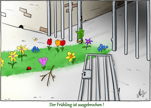 Cartoon: Der Frühling ist ausgebrochen ! (medium) by Andreas Vollmar tagged frühling,ausbruch,frühlingsausbruch,frühjahr,jahreszeit,blumen,gefängnis
