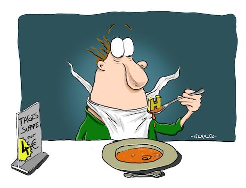 Cartoon: H in der Suppe (medium) by geralddotcom tagged haar,suppe,restaurant,irritation,irritiert,verblüfft,erstaunt,buchstabe,gast,essen