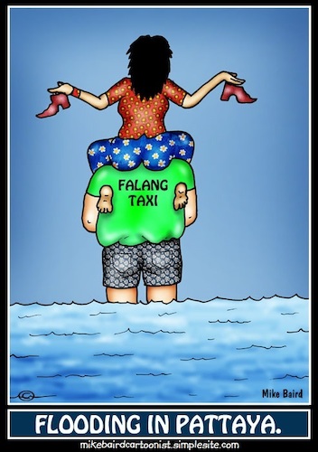 Cartoon: Flooding in Pattaya (medium) by Mike J Baird tagged flood,help,thai,girl,english,guy,taxi