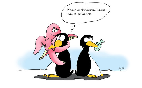 Cartoon: designerfood (medium) by Mergel tagged pinguin,essen,designerfood,exotisch,ausländisch,futter,speisen,tintenfisch,krake