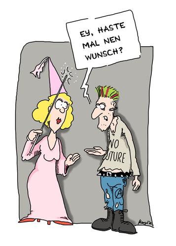 Cartoon: Schnorrer (medium) by Mergel tagged wunsch,zukunft,optimismus,pessimismus,fee,punk,schnorrer,hoffnung,betteln,bettler,schnorren,future