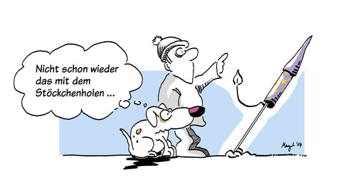 Cartoon: sylvesterböller (medium) by Mergel tagged stöckchen,gehorsam,apportieren,hund,feuerwerk,sylvester