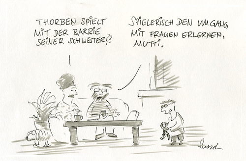 Cartoon: Man kann es lernen (medium) by fussel tagged kinder,männer,frauen,barbie,mutti