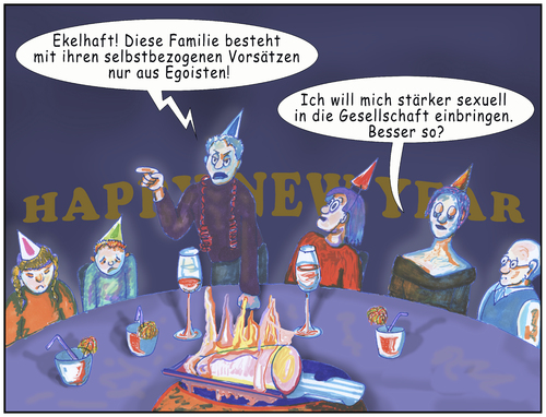 Cartoon: Ansprache und Vorsätze (medium) by SoRei tagged silvester,familie,feuerzangenbowle,hütchen,luftschlangen,sekt,alkohol,neujahrsansprache,neujahrsvorsätze,gute,vorsätze,betroffenheit,egoismus,selbstbezogen,gemeinwohl,gemeinschaft,wünsche,vorhaben