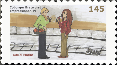 Cartoon: Briefmarke Coburg 4 (medium) by SoRei tagged coburger,bratwurst,impressionen,briefmarken,coburger,bratwurst,impressionen,briefmarken,mann,frau,strasse