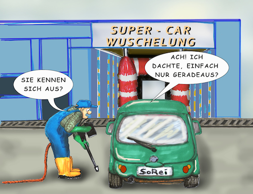 Cartoon: Der rechte Weg (medium) by SoRei tagged auto,waschstraße,wagenwäsche,autowäsche,bürsten,politur,schwamm,programm,wachs,versiegelung,unterboden,unterbodenwäsche,trocknung,bremstest,vorwäsche,glanzspülung,glanztrocknung,dampfstrahler,felgenreinigung,hauptwäsche,spezialreinigung,antenne,seitenspiegel,aufbauten,wasser,wasserschlauch,dampfstrahlen,kompressor,kaltwäsche,textilbürsten,auto,waschstraße,wagenwäsche,autowäsche,bürsten,politur,schwamm,programm,wachs,versiegelung,unterboden,unterbodenwäsche,trocknung,bremstest,vorwäsche,glanzspülung,glanztrocknung,dampfstrahler,felgenreinigung,hauptwäsche,spezialreinigung,antenne,seitenspiegel,aufbauten,wasser,wasserschlauch,dampfstrahlen,kompressor,kaltwäsche,textilbürsten