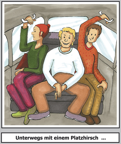 Cartoon: Territorialer Platzhirsch (medium) by SoRei tagged auto,kfz,stitz,sitzen,rückbank,platznot,geschlechterkampf,enge,raum,breitbeinig,manspreading,spread
