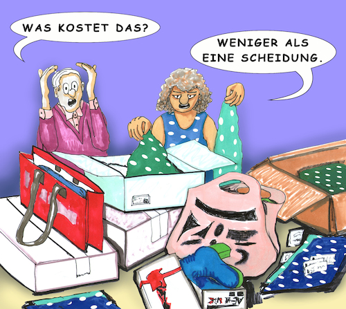 Cartoon: Shopping (medium) by SoRei tagged auswahl,angebot,vielfalt,shoppen,shopping,klamotten,mode,scheidung,scheidungskosten,unterhalt,geld,ausgaben,preisvergleich,rausch,kaufrausch,trends,wohlstandsmüll,versandhaus,versandhandel,bestellung,bestellen,retouren,retour,reklamieren,kaufsucht,paket,pakete,verpackung,adressaufkleber,kunde,endverbraucher,besteller,taschen,tüten,einkauf,einkaufstaschen,einkaufstüten,umtausch,rückgabe,konsum,kompromiss,ehe,ehefrau,ehemann,laster,inkompartibel,zwangsverhalten,unverständnis,haushaltsgeld,wirtschaftsgeld,auswahl,angebot,vielfalt,shoppen,shopping,klamotten,mode,scheidung,scheidungskosten,unterhalt,geld,ausgaben,preisvergleich,rausch,kaufrausch,trends,wohlstandsmüll,versandhaus,versandhandel,bestellung,bestellen,retouren,retour,reklamieren,kaufsucht,paket,pakete,verpackung,adressaufkleber,kunde,endverbraucher,besteller,taschen,tüten,einkauf,einkaufstaschen,einkaufstüten,umtausch,rückgabe,konsum,kompromiss,ehefrau,ehe,ehemann,laster,inkompartibel,zwangsverhalten,unverständnis,haushaltsgeld,wirtschaftsgeld