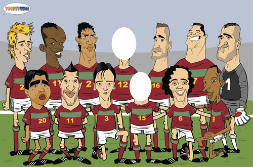 Cartoon: Portuguese team africa 2010 (medium) by toonman tagged fabio,coentrao,nani,bruno,alves,raul,meireles,cristiano,ronaldo,eduardo,deco,simao,paulo,ferreira,ricardo,carvalho,liedson