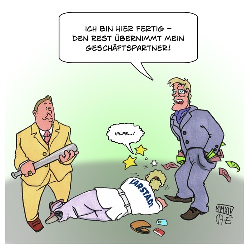 Cartoon: Karstadt (medium) by Timo Essner tagged karstadt,kaufhof,karstadt,kaufhof,schläge,geld,bankrott,gewalt