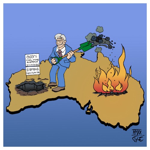 Cartoon: Siemens fuels fires (medium) by Timo Essner tagged australien,waldbrände,klimakatastrophe,umweltkatastrophe,siemens,adani,kohlemine,kohle,kohlekraft,kohleausstieg,klimaziele,co2,emissionen,energiewende,verkehrswende,siemensfuelsfires,australia,burning,coal,mining,energy,fires,cartoon,timo,essner,australien,waldbrände,klimakatastrophe,umweltkatastrophe,siemens,adani,kohlemine,kohle,kohlekraft,kohleausstieg,klimaziele,co2,emissionen,energiewende,verkehrswende,siemensfuelsfires,australia,burning,coal,mining,energy,fires,cartoon,timo,essner