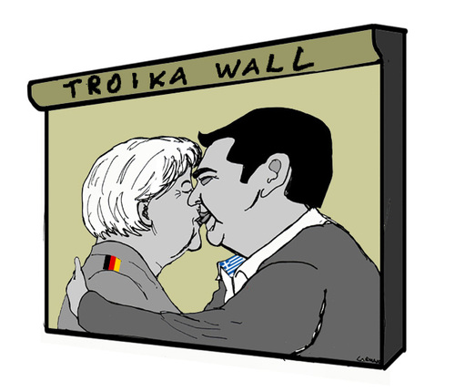 Cartoon: Forbidden Kiss (medium) by Carma tagged kiss,wall,the,troika,tsipras,merkel