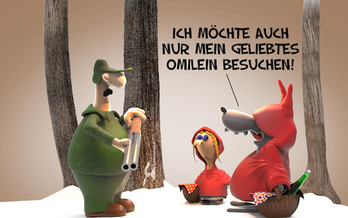 Cartoon: Omilein (medium) by Rüsselhase tagged rotkäppchen,redriddinghood,wolf,jäger,hunter