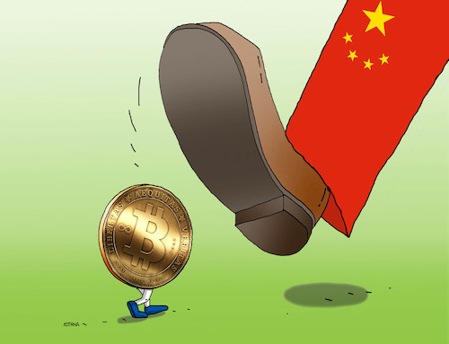 Cartoon: chinabit21 (medium) by Lubomir Kotrha tagged bitcoin,china,dollar,euro,libra,bitcoin,china,dollar,euro,libra