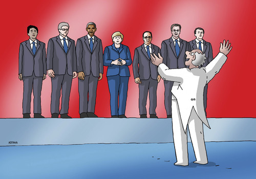 Cartoon: dirigent7 (medium) by Lubomir Kotrha tagged eu,summit,g7,germany,usa,canada,italy,france,japan,great,britain,world